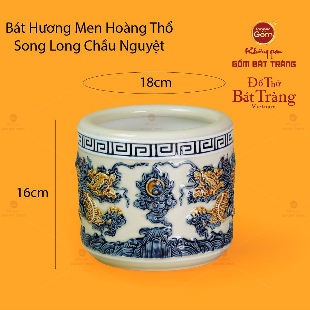 Bát Hương Thờ Men Hoàng Thổ Họa Tiết Song Long Chầu Nguyệt