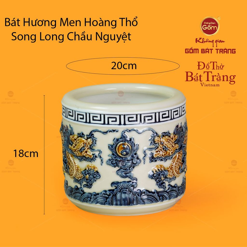 Bát Hương Thờ Men Hoàng Thổ Họa Tiết Song Long Chầu Nguyệt