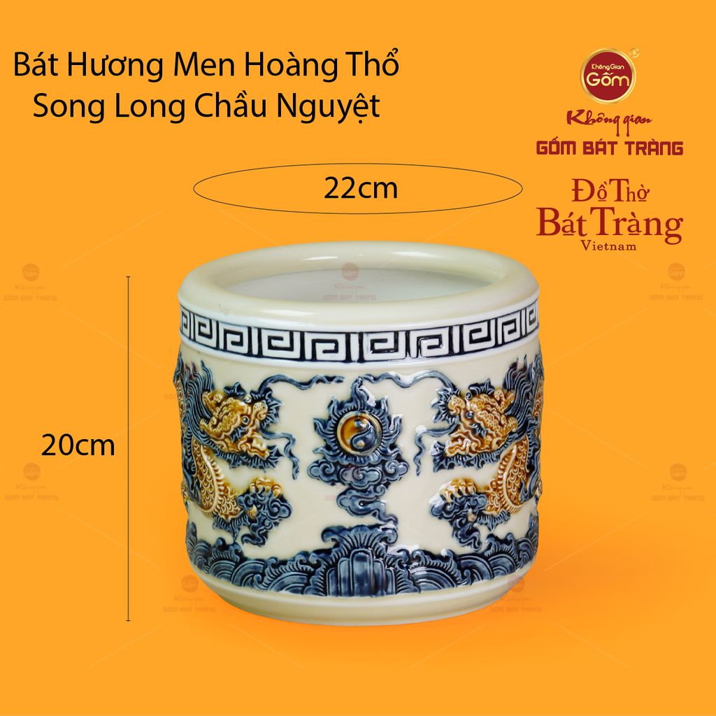Bát Hương Thờ Men Hoàng Thổ Họa Tiết Song Long Chầu Nguyệt