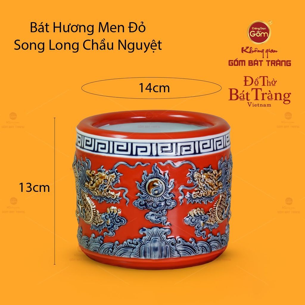 Bát Hương Thờ Men Đỏ Họa Tiết Song Long Chầu Nguyệt