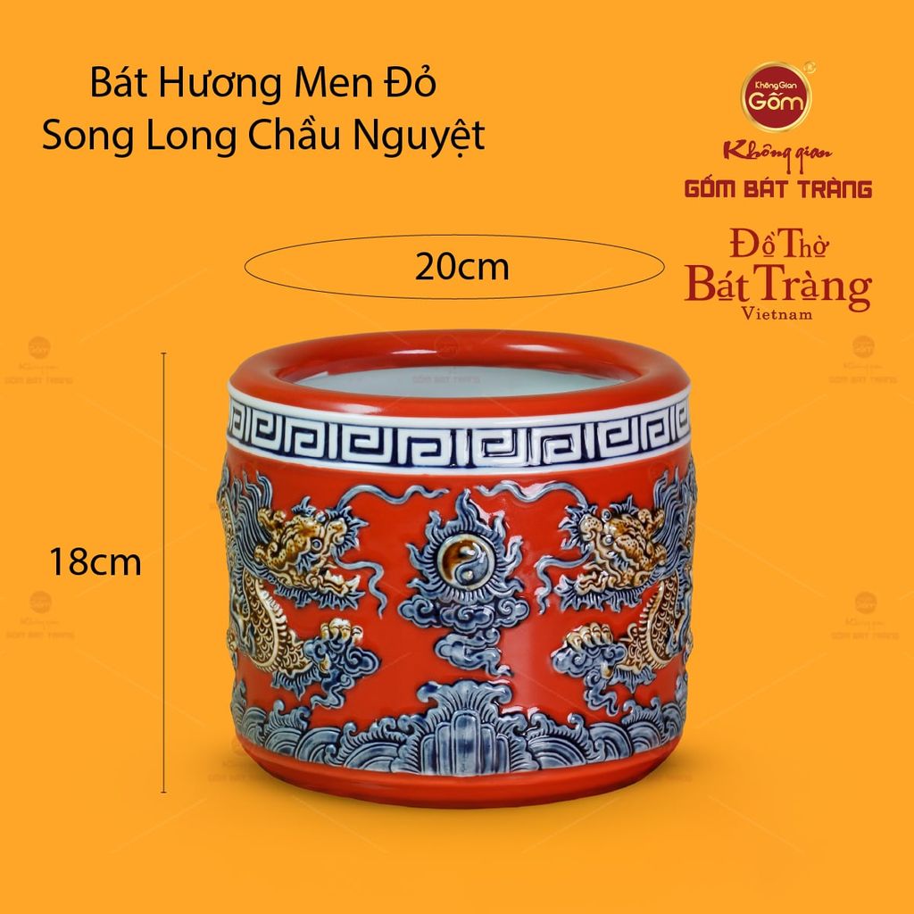 Bát Hương Thờ Men Đỏ Họa Tiết Song Long Chầu Nguyệt
