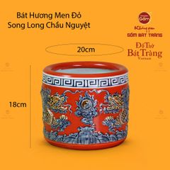 Bát Hương Thờ Men Đỏ Họa Tiết Song Long Chầu Nguyệt