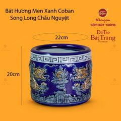 Bát Hương Thờ Men Xanh Coban Họa Tiết Song Long Chầu Nguyệt
