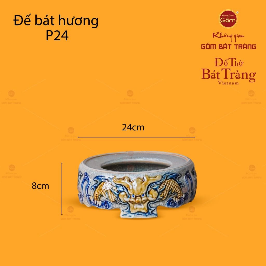 Đế Bát Hương Thờ Men Rạn Họa Tiết Song Long Chầu Nguyệt