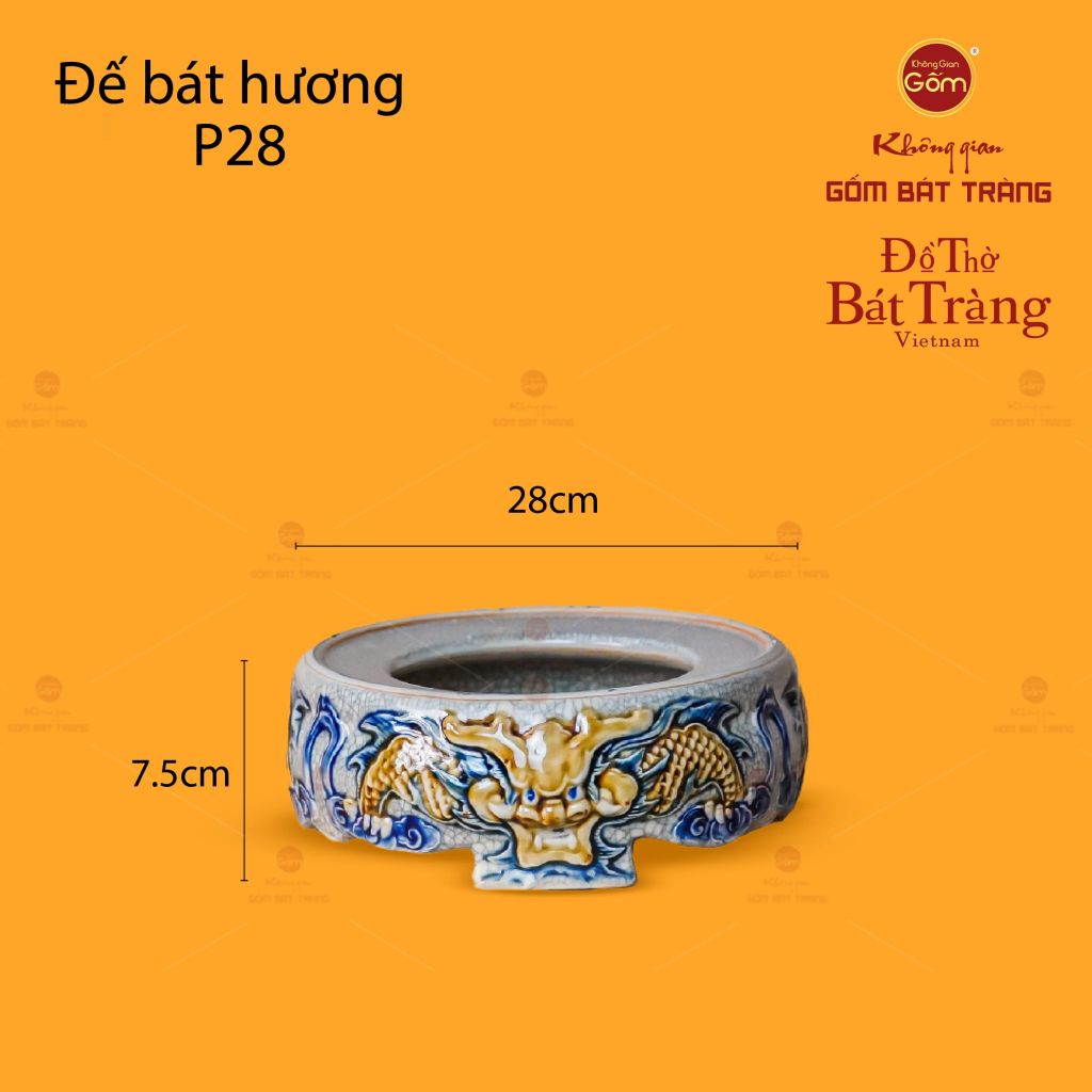 Bát Hương Thờ Men Rạn Họa Tiết Song Long Chầu Nguyệt