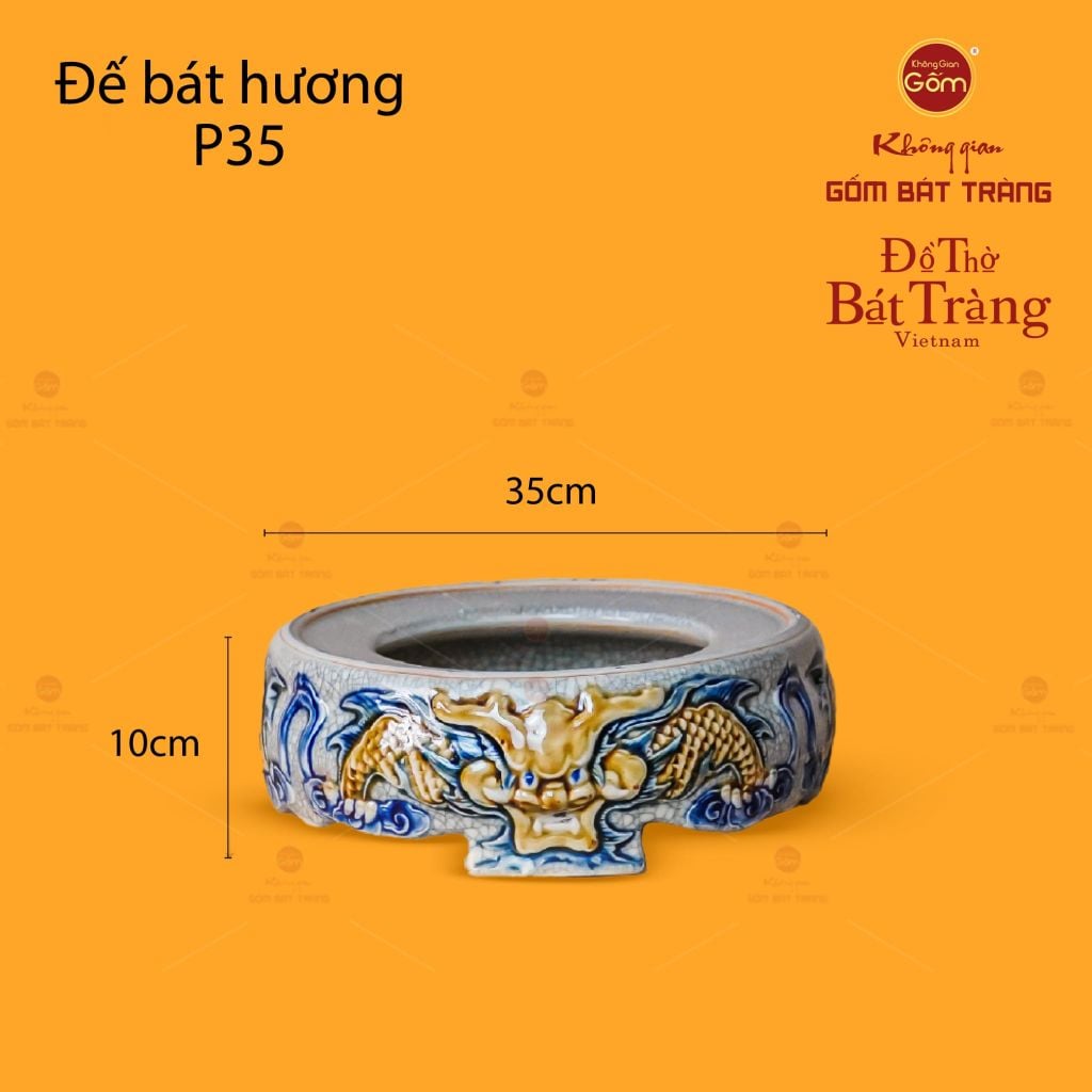 Đế Bát Hương Thờ Men Rạn Họa Tiết Song Long Chầu Nguyệt