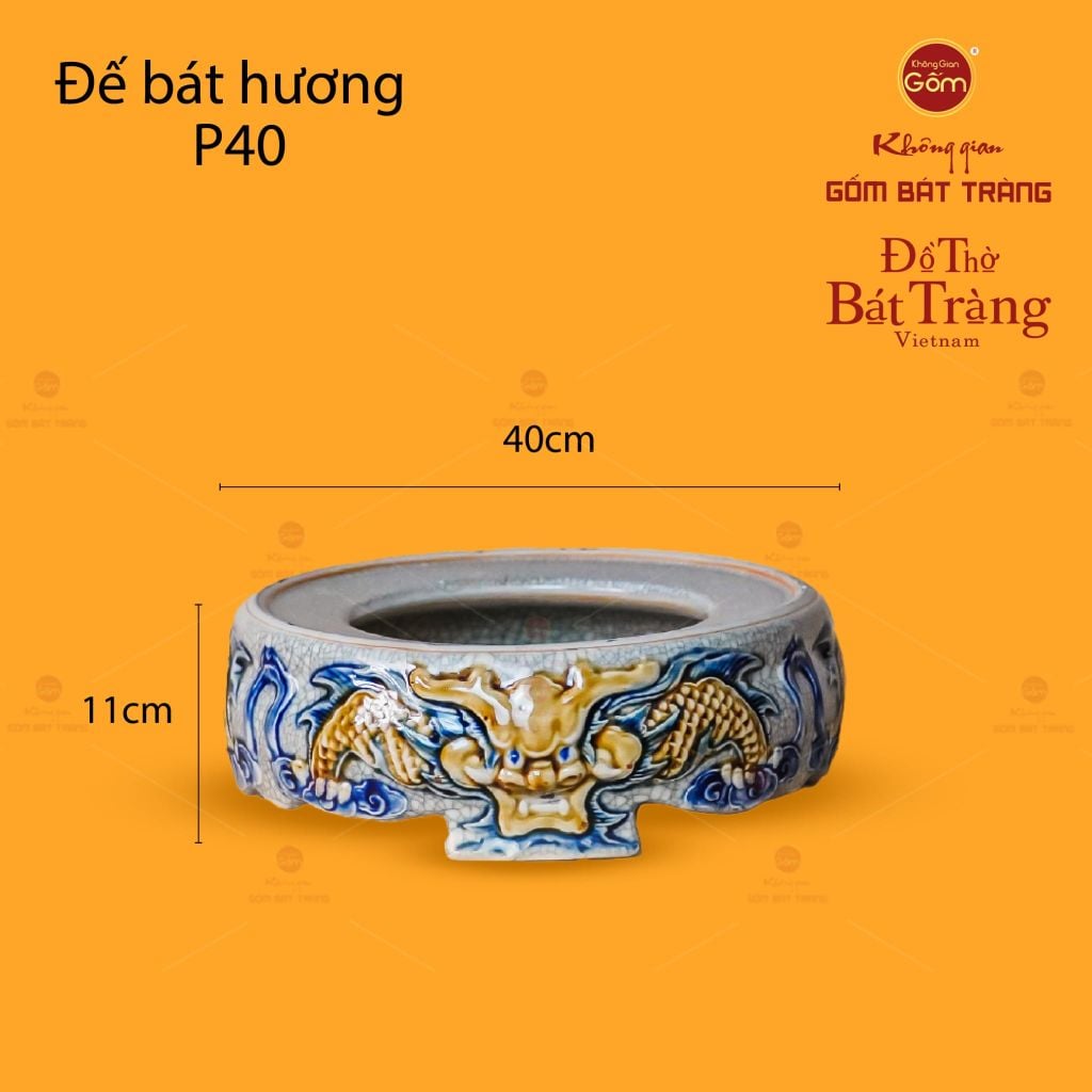 Đế Bát Hương Thờ Men Rạn Họa Tiết Song Long Chầu Nguyệt