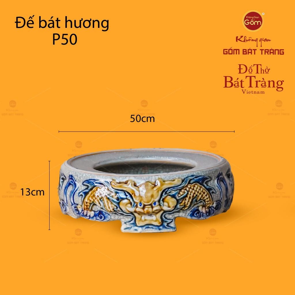 Đế Bát Hương Thờ Men Rạn Họa Tiết Song Long Chầu Nguyệt