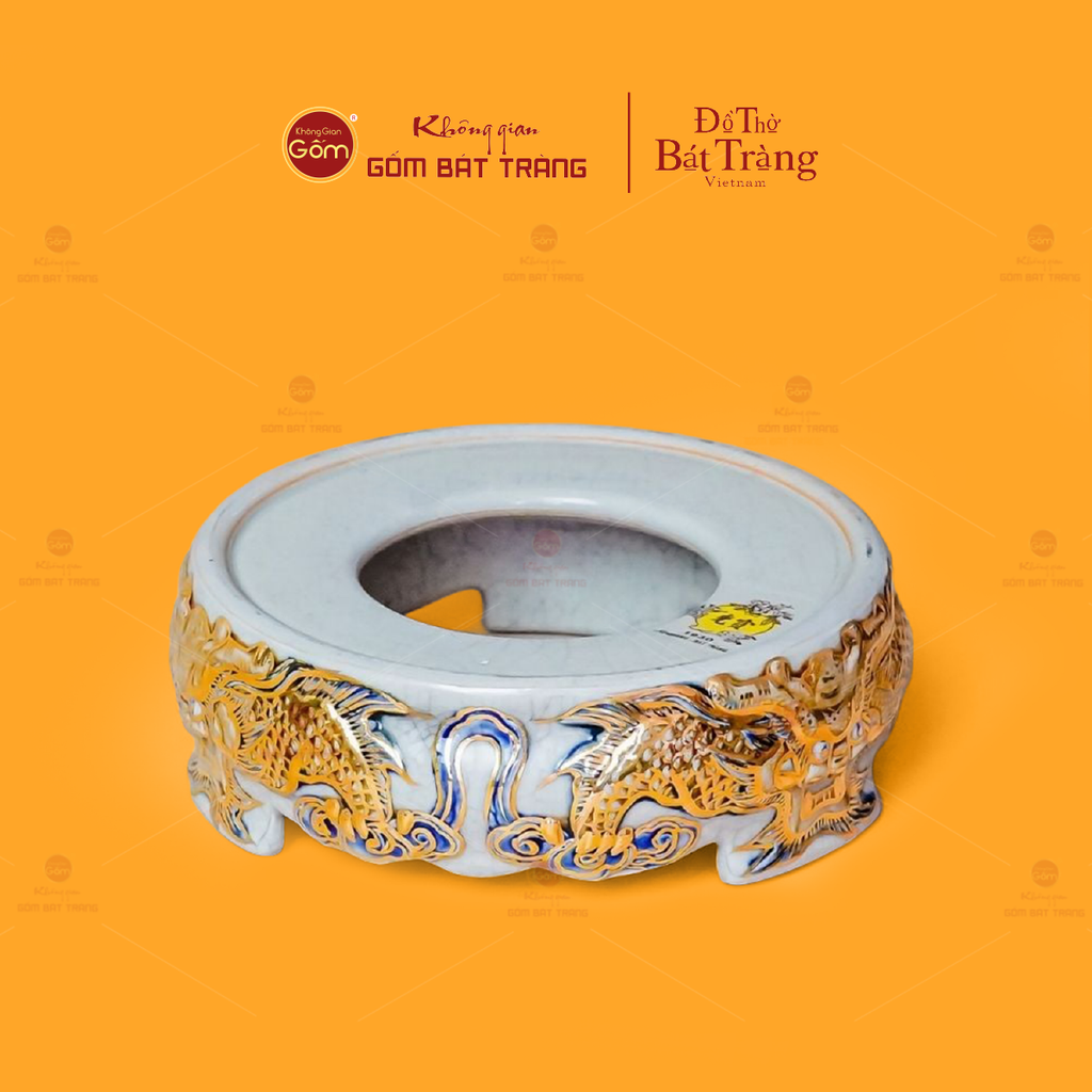 Đế Bát Hương Song Long Chầu Nguyệt Men Rạn Vẽ Vàng