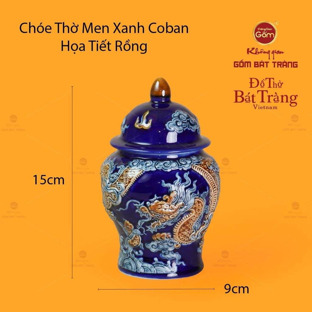 Chóe Thờ Men Xanh Coban Họa Tiết Cá Chép Hóa Rồng