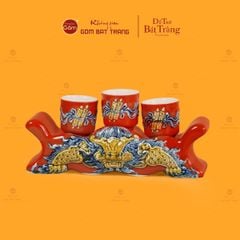 Bộ Kỷ Ngai 3 Chén Thờ Men Đỏ Họa Tiết Cuốn Thư