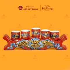 Bộ Kỷ Ngai 5 Chén Thờ Men Đỏ Họa Tiết Cuốn Thư