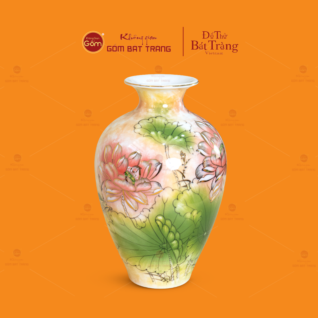 Bảo Bình Vẽ Vàng Kim Liên Bảo Cát Nền Cẩm Hoàng Thạch