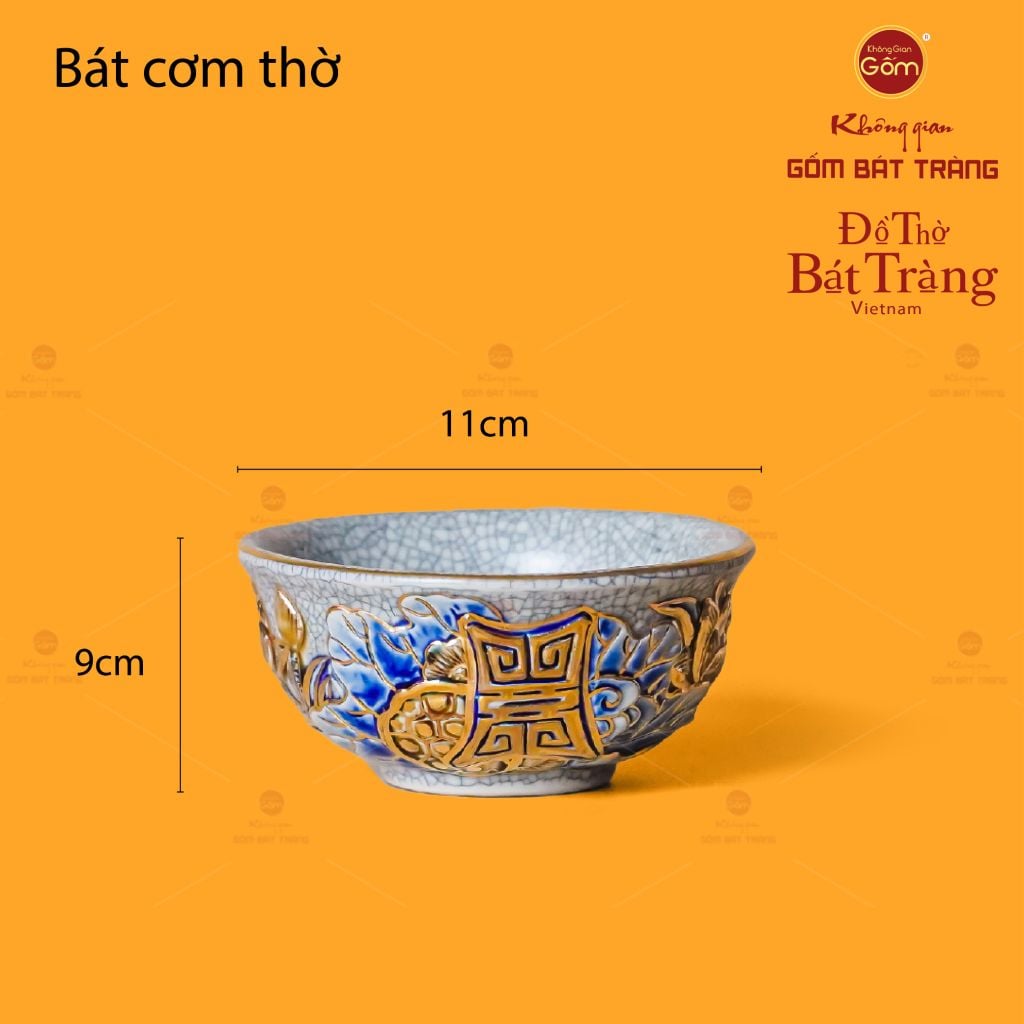 Bát Cơm Thờ Men Rạn Vẽ Vàng
