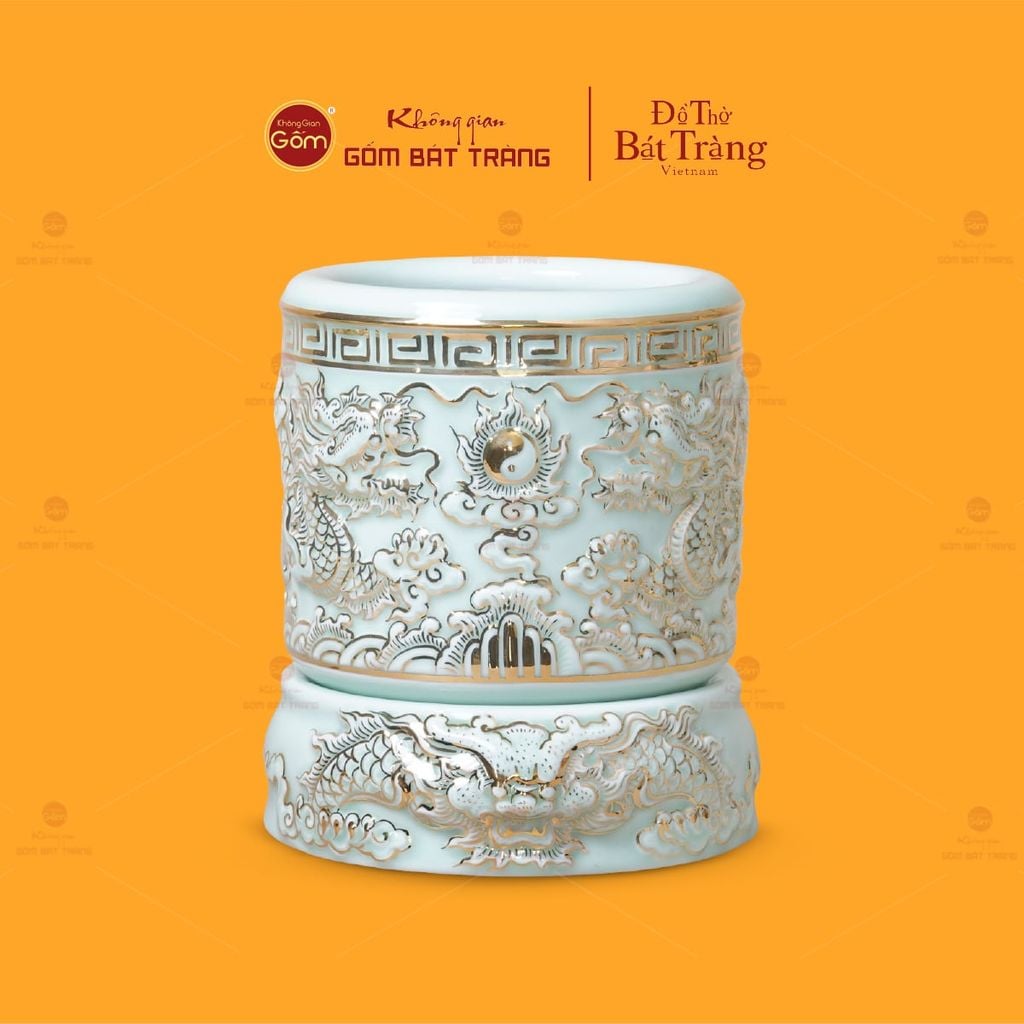 Bát Hương Men Ngọc Hoàng Tộc Song Long Chầu Nguyệt Vẽ Vàng