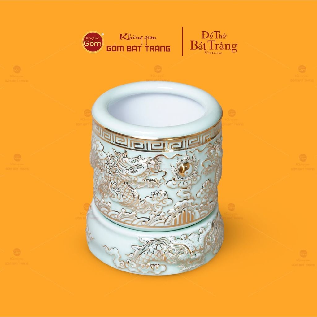 Bát Hương Men Ngọc Hoàng Tộc Song Long Chầu Nguyệt Vẽ Vàng