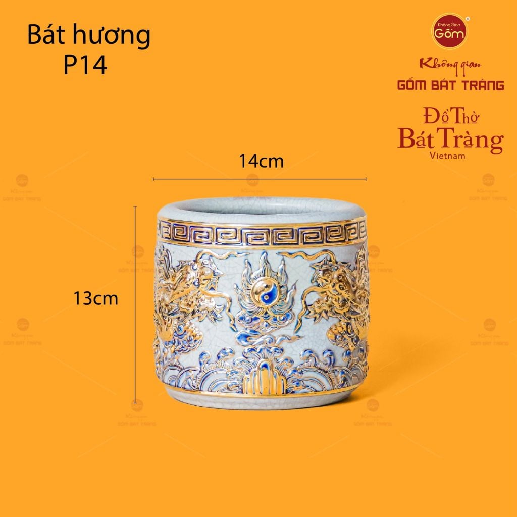 Bát Hương Song Long Chầu Nguyệt Men Rạn Vẽ Vàng