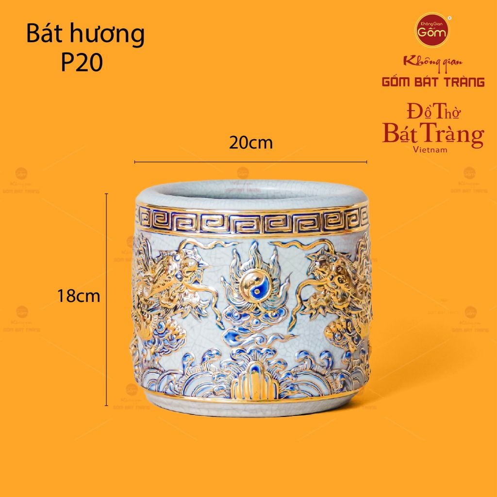 Bát Hương Song Long Chầu Nguyệt Men Rạn Vẽ Vàng
