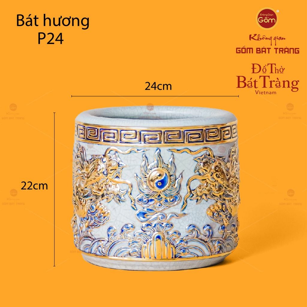 Bát Hương Song Long Chầu Nguyệt Men Rạn Vẽ Vàng