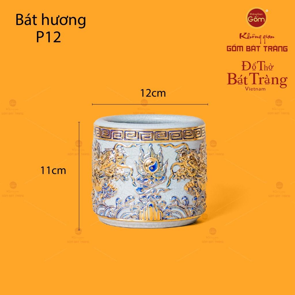 Bát Hương Song Long Chầu Nguyệt Men Rạn Vẽ Vàng