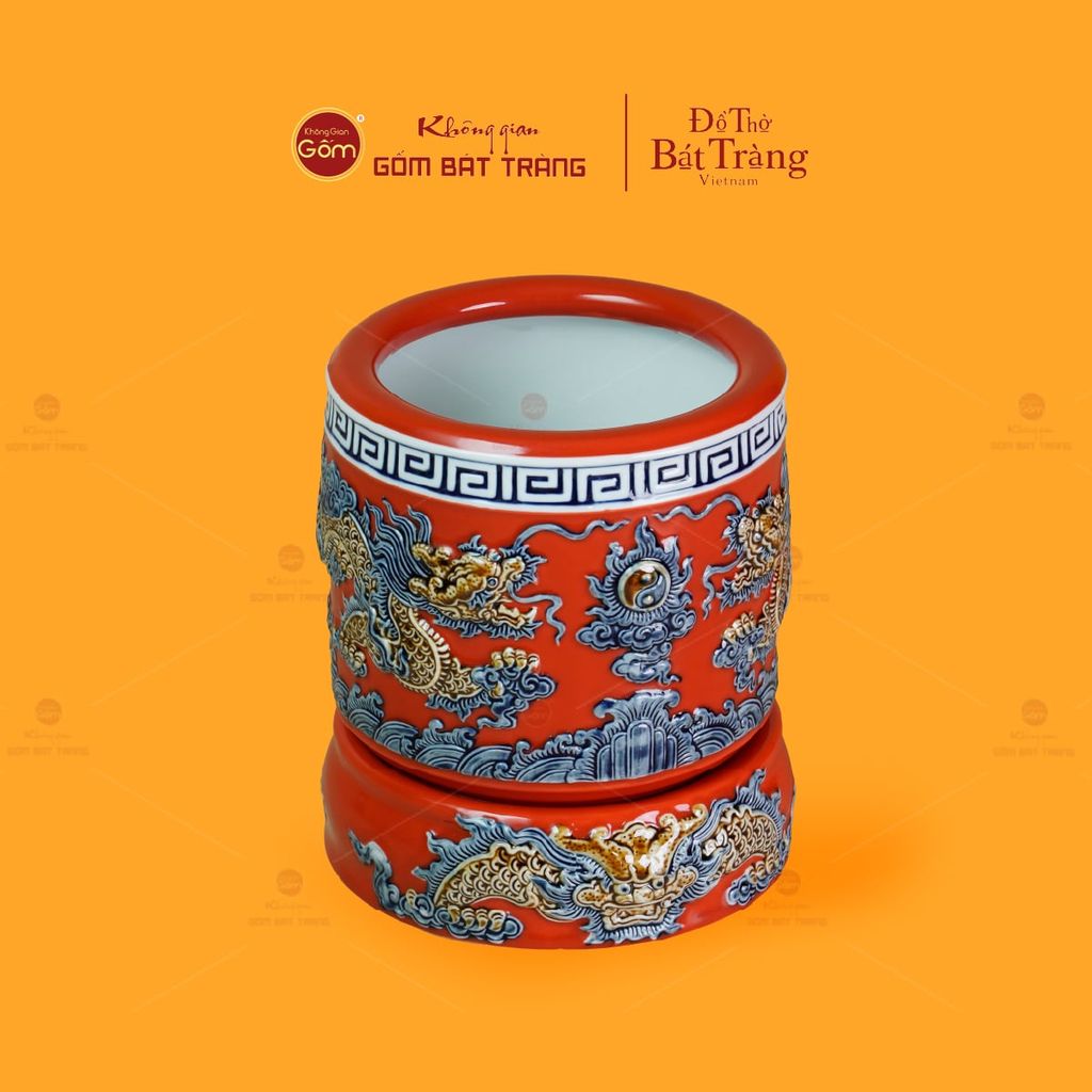 Bát Hương Thờ Men Đỏ Họa Tiết Song Long Chầu Nguyệt