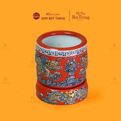 Bát Hương Thờ Men Đỏ Họa Tiết Song Long Chầu Nguyệt