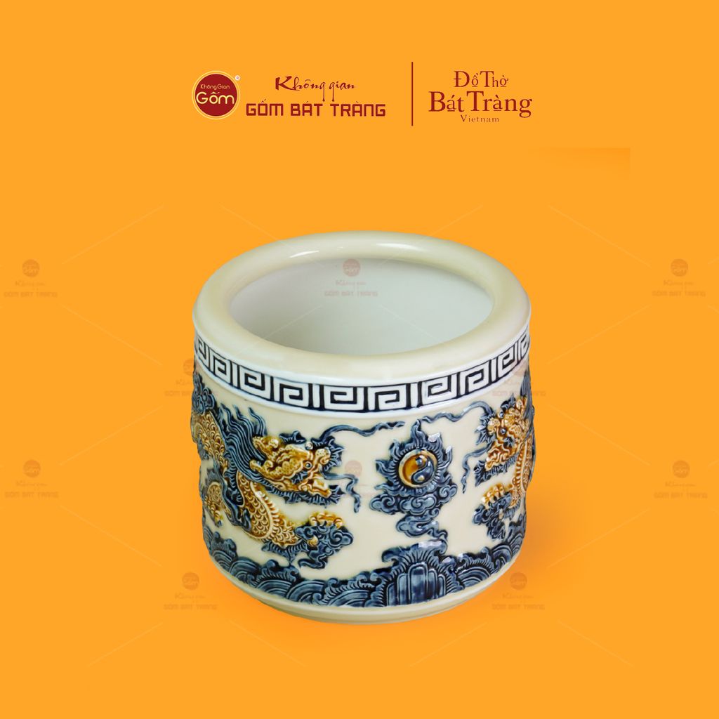 Bát Hương Thờ Men Hoàng Thổ Họa Tiết Song Long Chầu Nguyệt