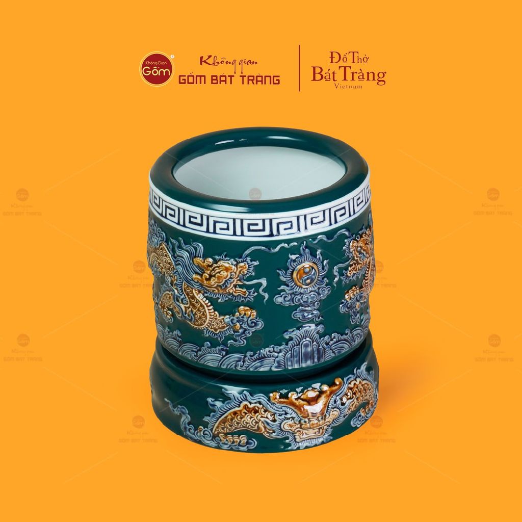 Bát Hương Thờ Men Lục Họa Tiết Song Long Chầu Nguyệt