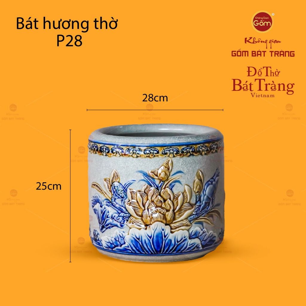 Bát Hương Thờ Men Rạn Họa Tiết Hoa Sen