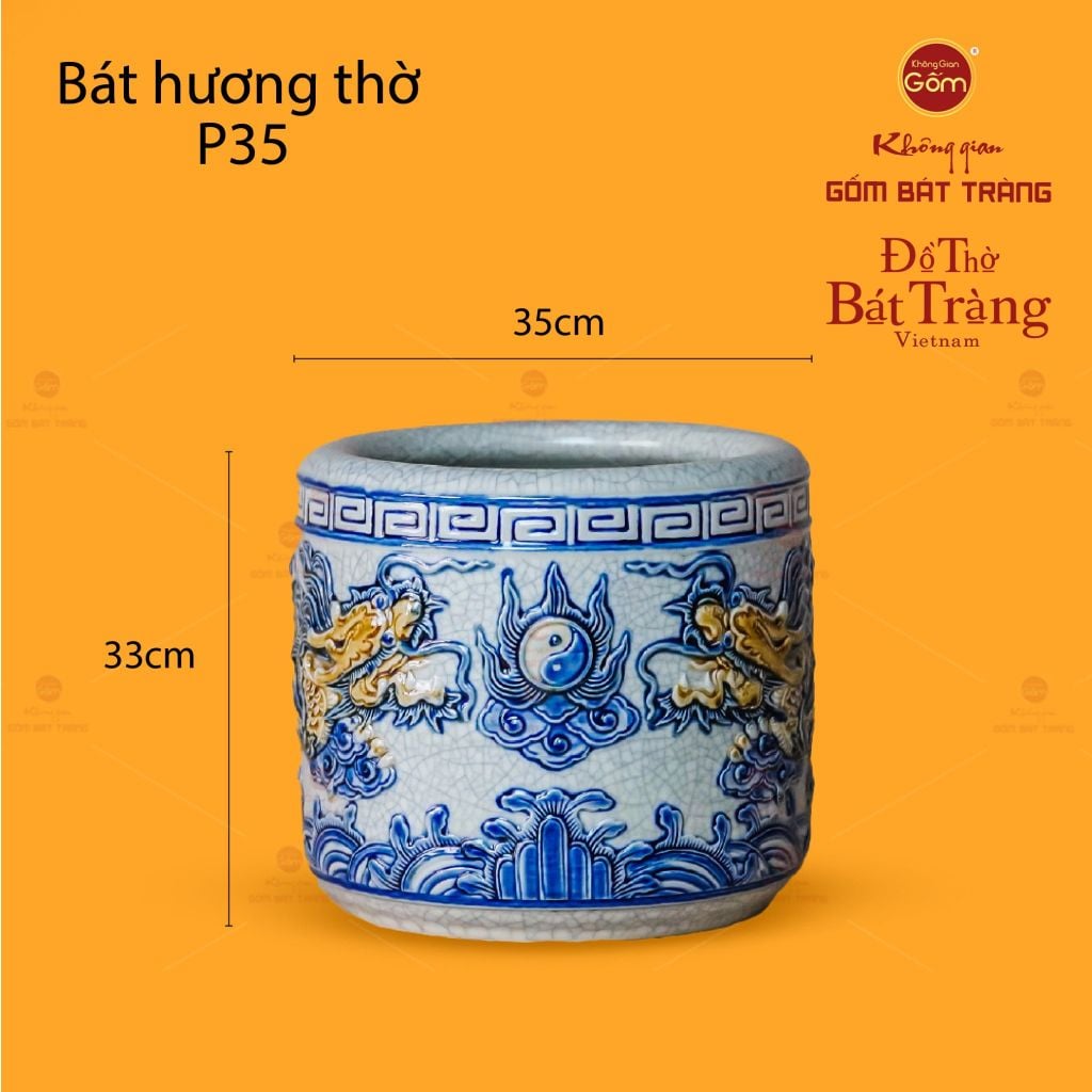 Bát Hương Thờ Men Rạn Họa Tiết Song Long Chầu Nguyệt