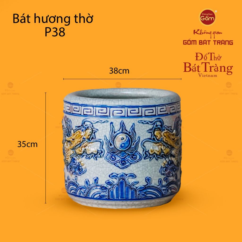 Bát Hương Thờ Men Rạn Họa Tiết Song Long Chầu Nguyệt