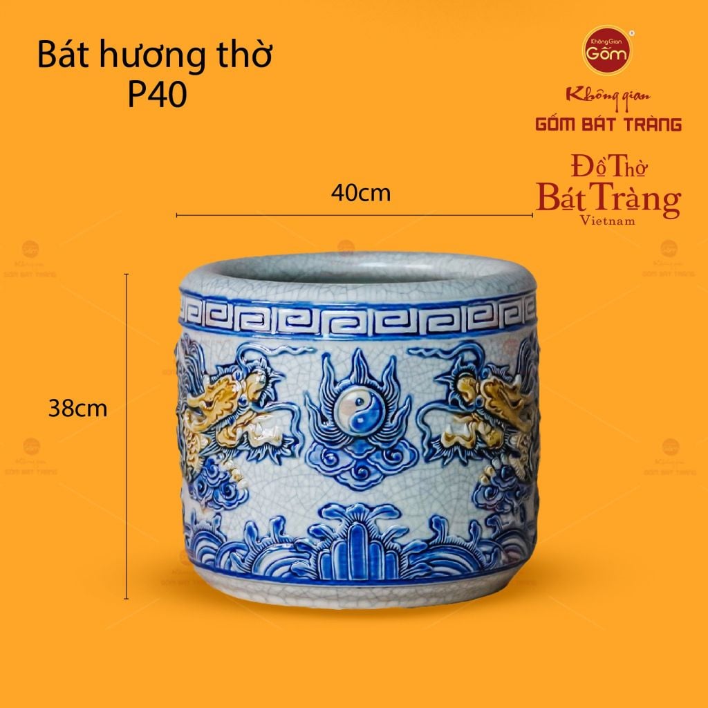 Bát Hương Thờ Men Rạn Họa Tiết Song Long Chầu Nguyệt