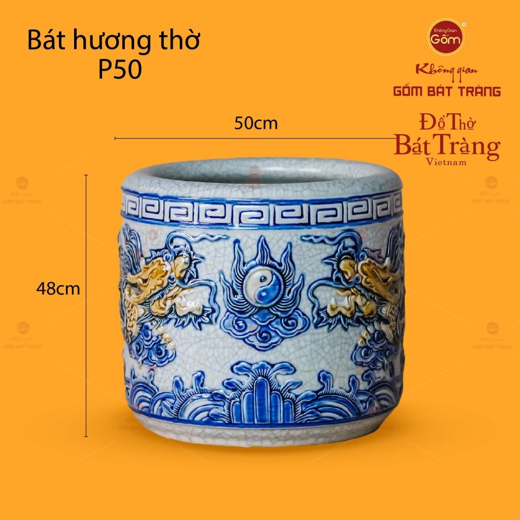 Bát Hương Thờ Men Rạn Họa Tiết Song Long Chầu Nguyệt