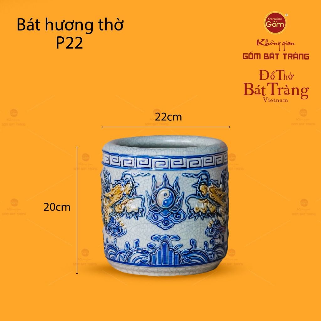 Bát Hương Thờ Men Rạn Họa Tiết Song Long Chầu Nguyệt