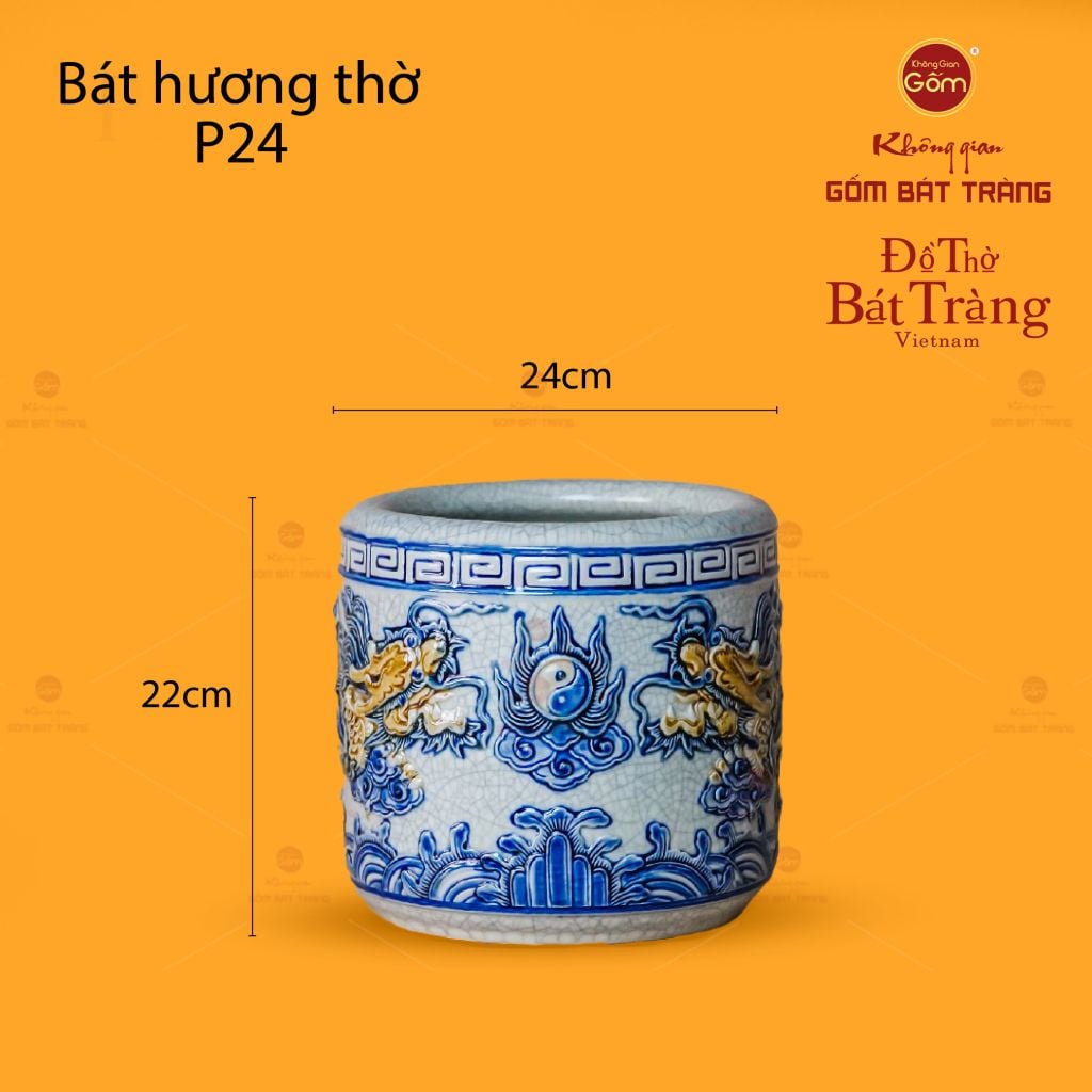 Bát Hương Thờ Men Rạn Họa Tiết Song Long Chầu Nguyệt