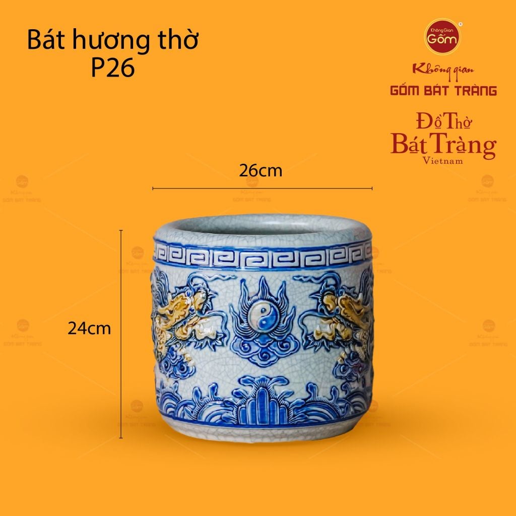 Bát Hương Thờ Men Rạn Họa Tiết Song Long Chầu Nguyệt