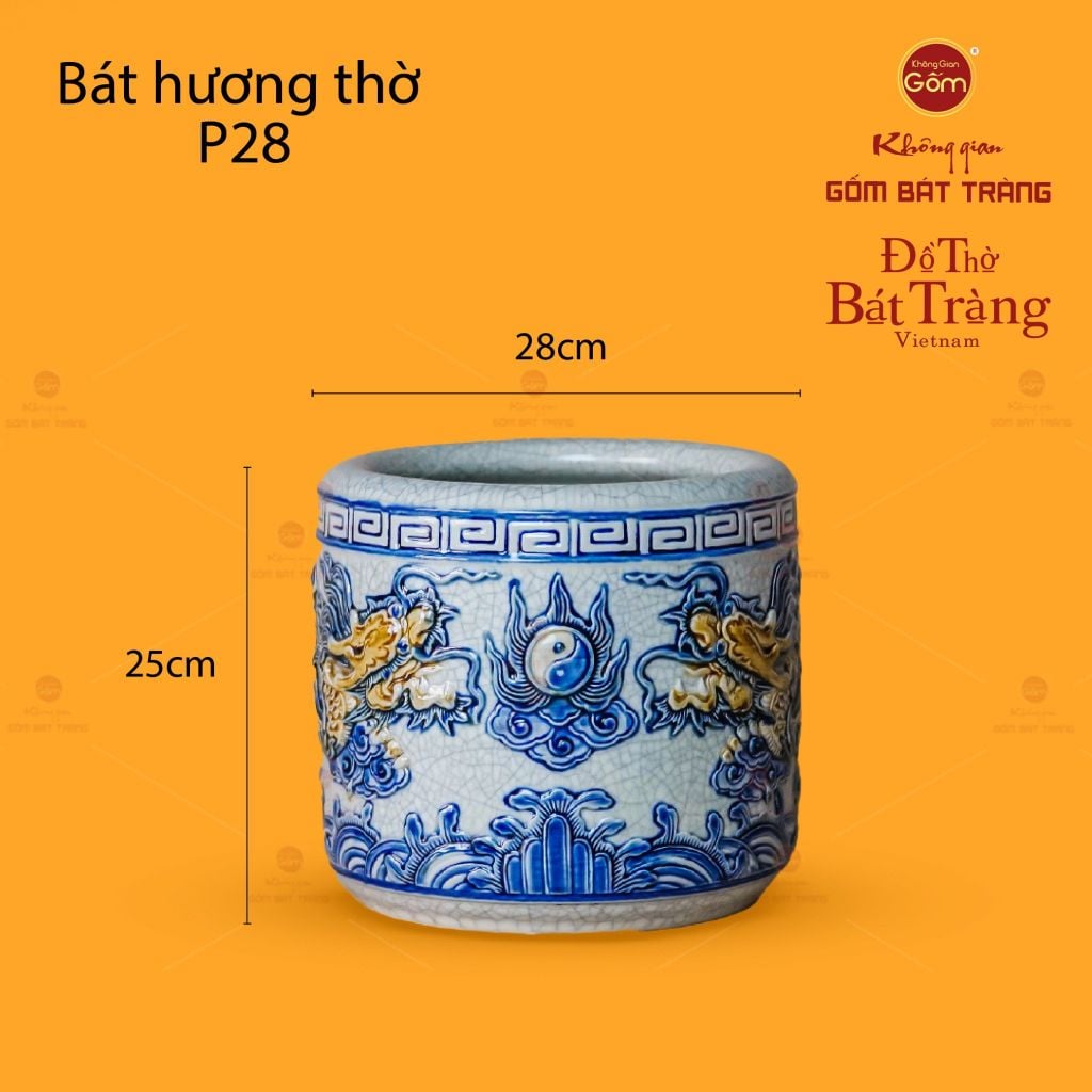 Bát Hương Thờ Men Rạn Họa Tiết Song Long Chầu Nguyệt