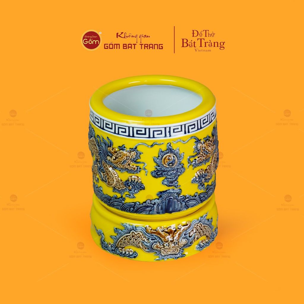 Bát Hương Thờ Men Vàng Họa Tiết Song Long Chầu Nguyệt