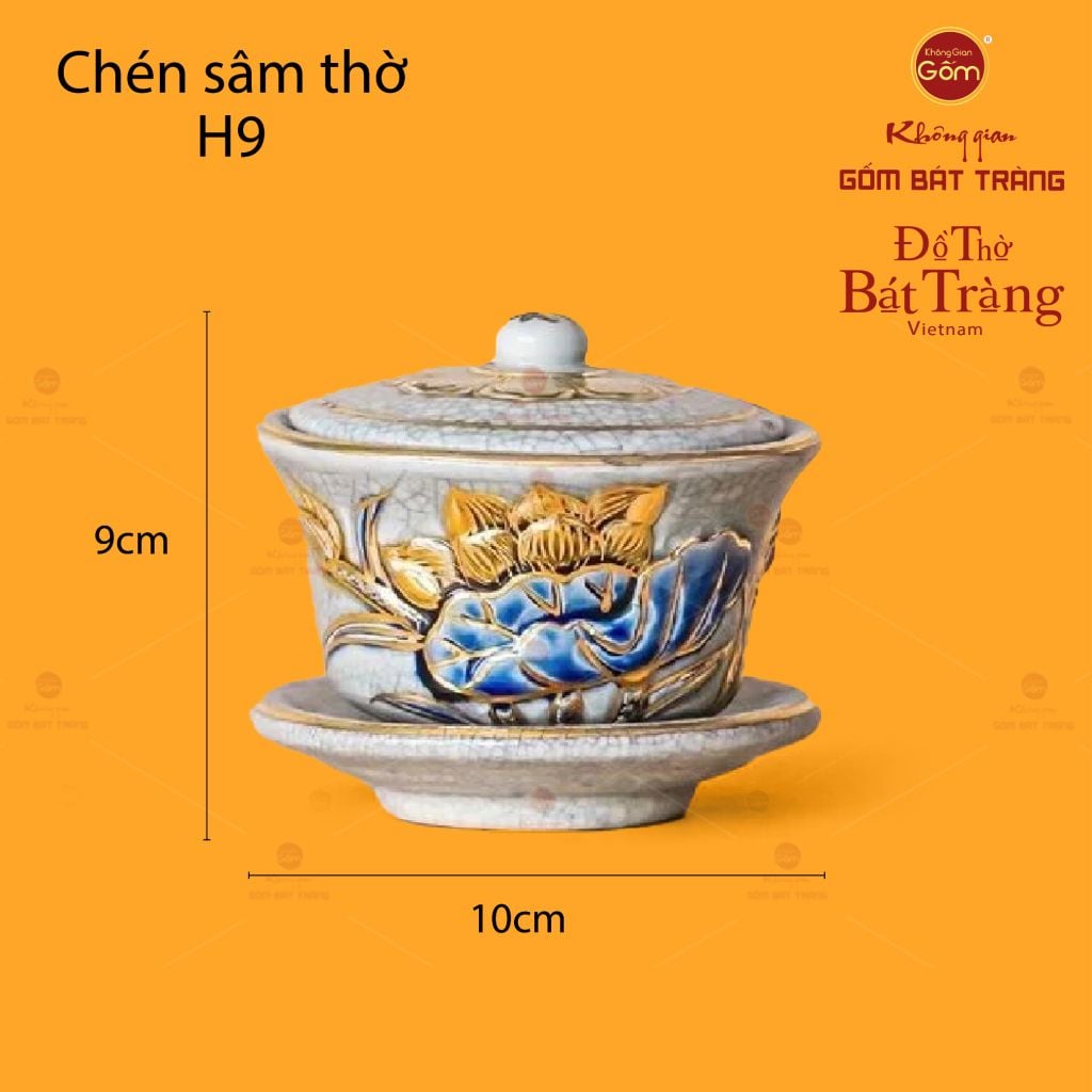 Bát Sâm Thờ Hoa Sen Men Rạn Vẽ Vàng
