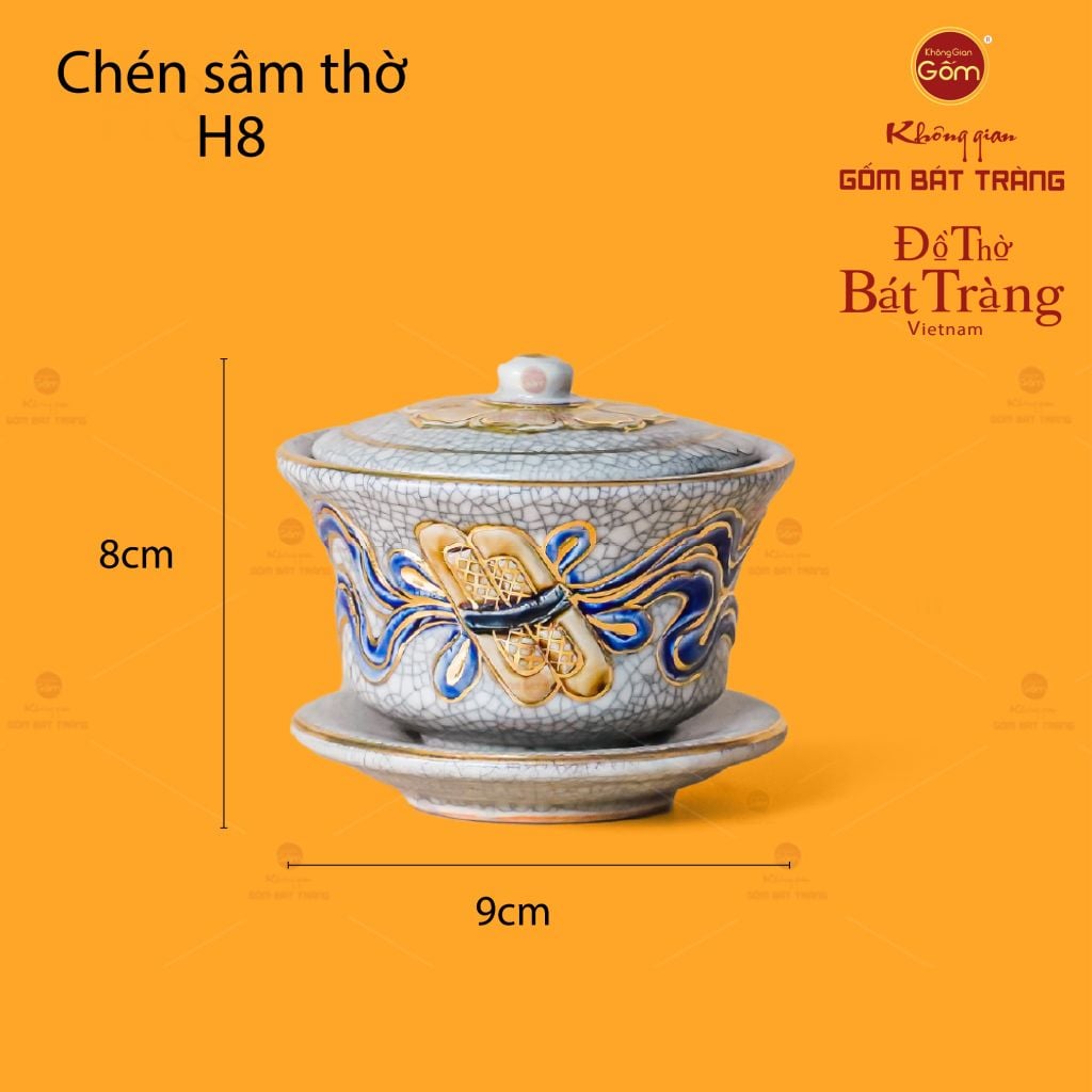 Bát Sâm Thờ Cuốn Thư Men Rạn Vẽ Vàng