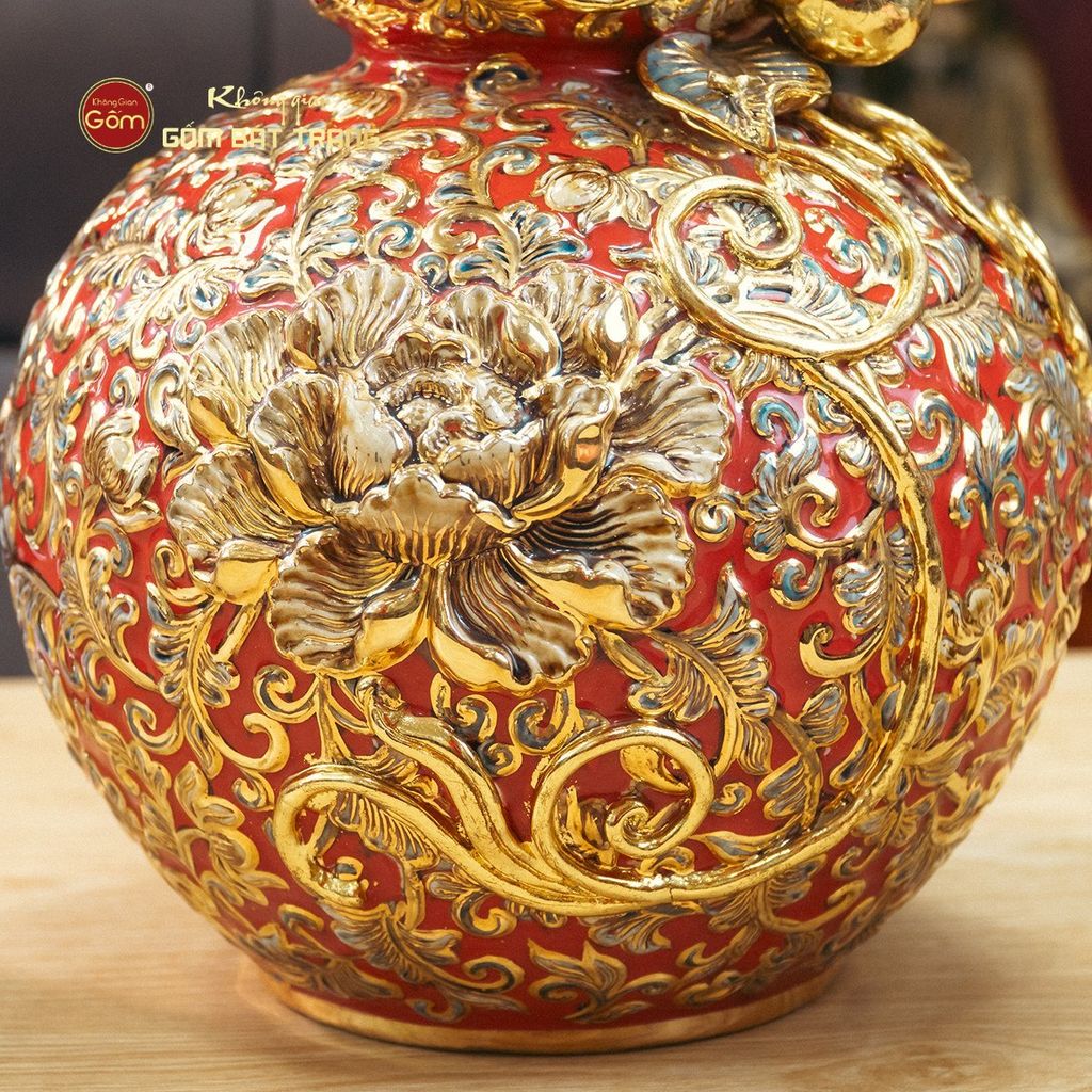 Bình Hồ Lô Men Đỏ Chữ Lộc Đắp Nổi Vẽ Vàng