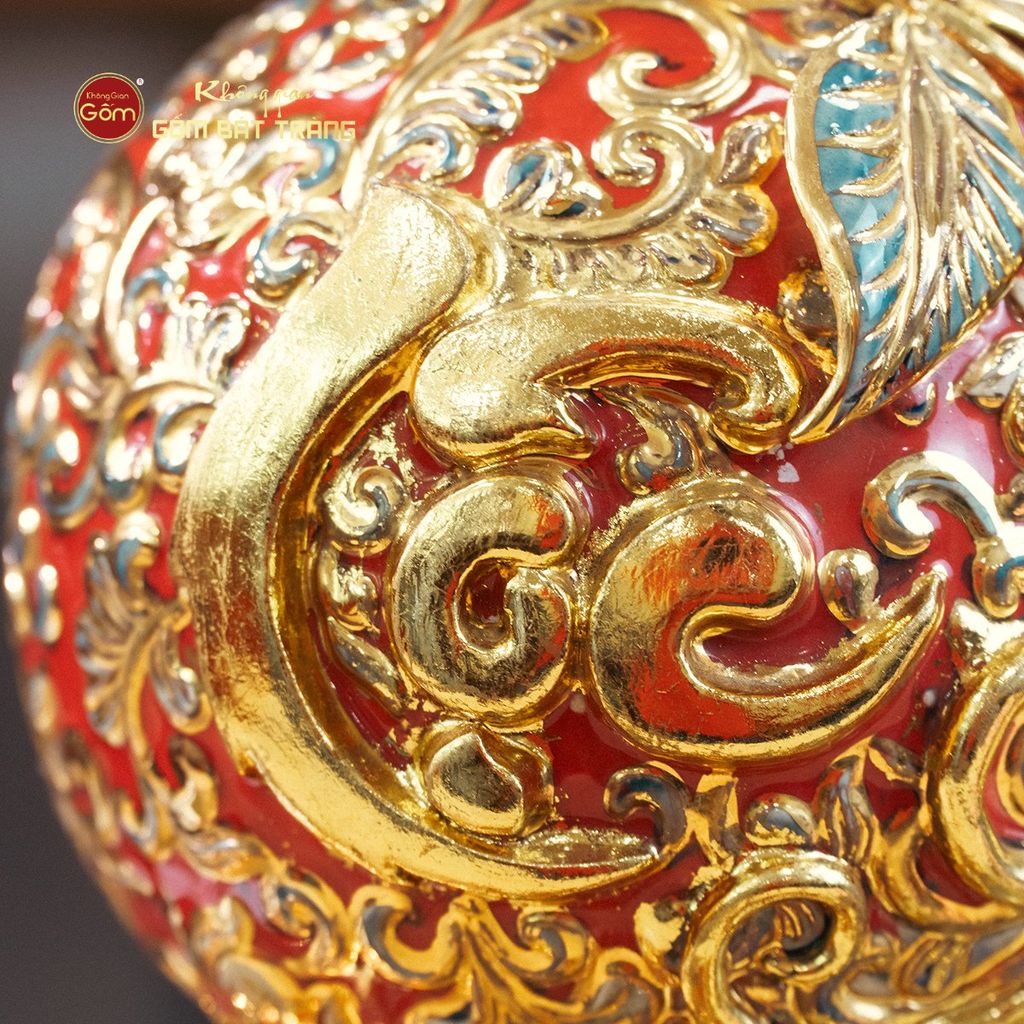 Bình Hồ Lô Men Đỏ Chữ Lộc Đắp Nổi Vẽ Vàng