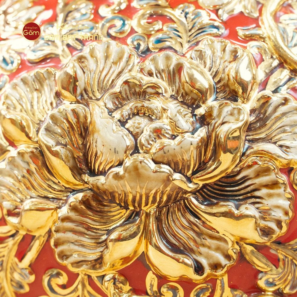 Bình Hồ Lô Men Đỏ Chữ Lộc Đắp Nổi Vẽ Vàng