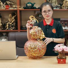 Bình Hồ Lô Men Đỏ Chữ Lộc Đắp Nổi Vẽ Vàng
