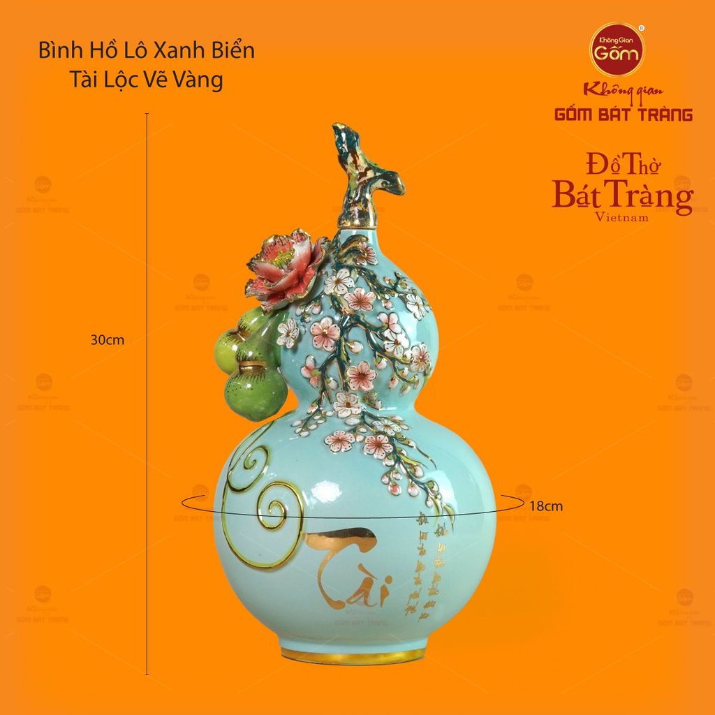Bình Hồ Lô Xanh Biển Đắp Nổi Vẽ Vàng Tài Lộc