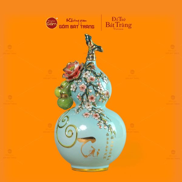 Bình Hồ Lô Xanh Biển Đắp Nổi Vẽ Vàng Tài Lộc