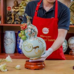 Bình Hồ Lô Xanh Biển Đắp Nổi Vẽ Vàng Tài Lộc