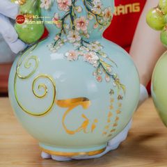 Bình Hồ Lô Xanh Biển Đắp Nổi Vẽ Vàng Tài Lộc