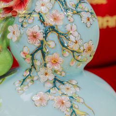Bình Hồ Lô Xanh Biển Đắp Nổi Vẽ Vàng Tài Lộc