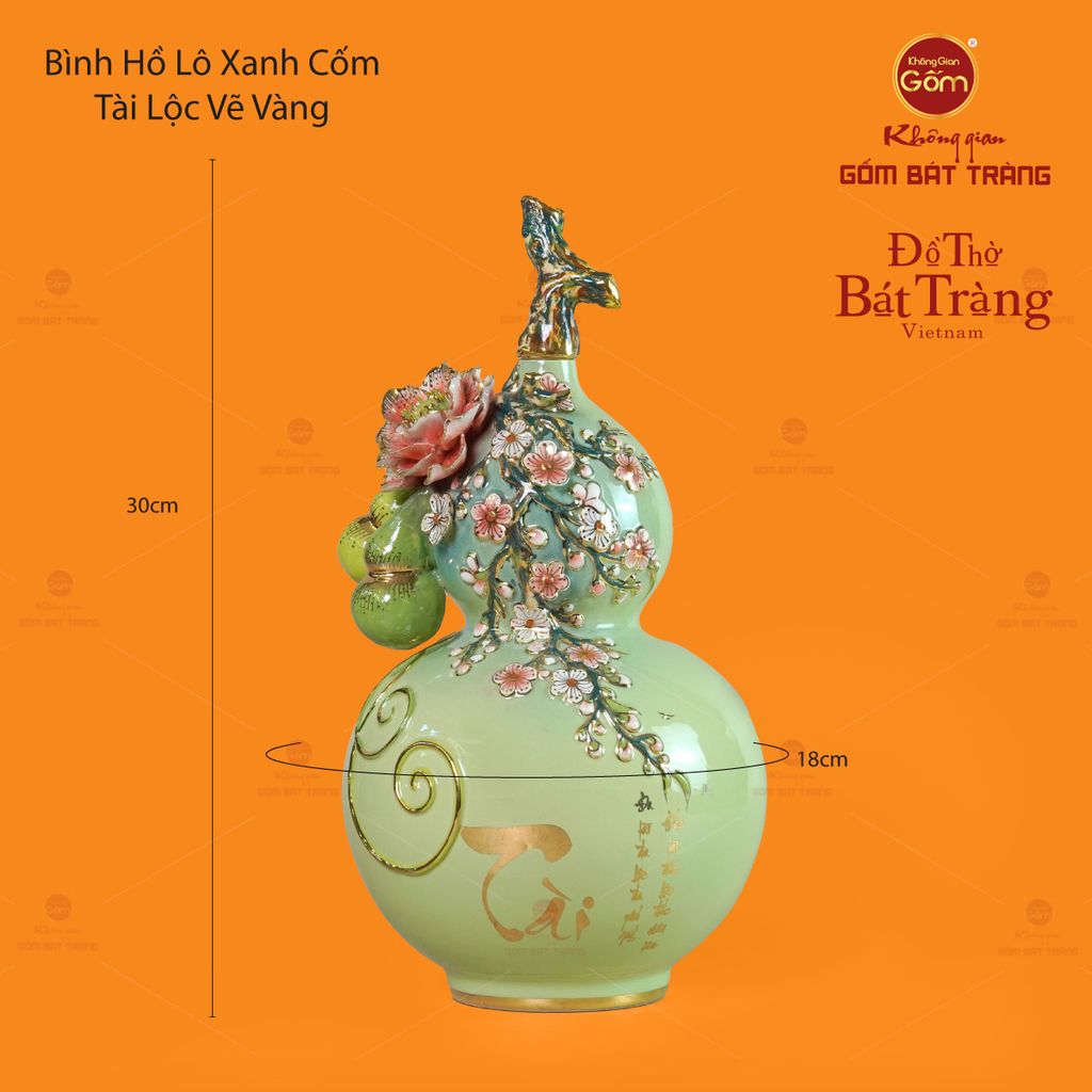 Bình Hồ Lô Xanh Cốm Đắp Nổi Vẽ Vàng Tài Lộc
